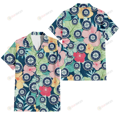 Seattle Mariners Colorful Sketch Hibiscus Dark Green Background 3D Hawaiian Shirt