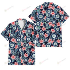 Seattle Mariners Coral Hibiscus Green Banana Leaf Black Background 3D Hawaiian Shirt