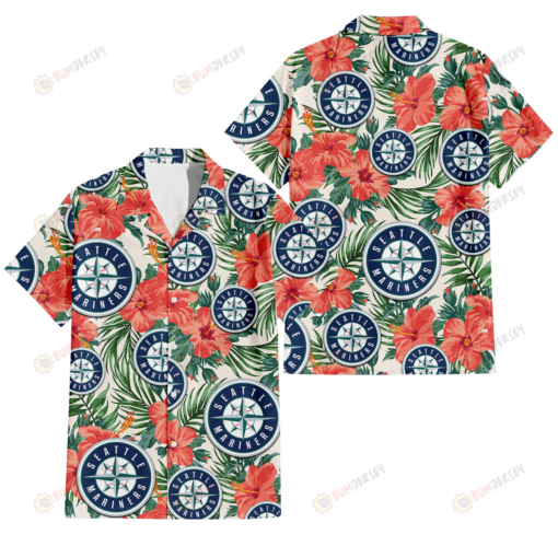 Seattle Mariners Coral Hibiscus Green Leaf Beige Background 3D Hawaiian Shirt