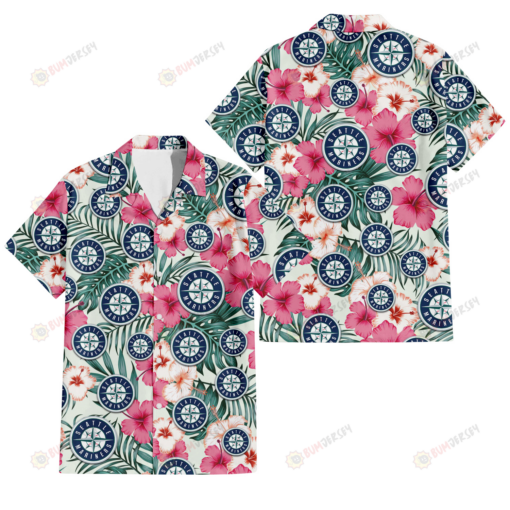 Seattle Mariners Coral Pink Hibiscus Green Leaf Beige Background 3D Hawaiian Shirt