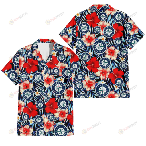 Seattle Mariners Coral Red Hibiscus Blue Palm Leaf Black Background 3D Hawaiian Shirt