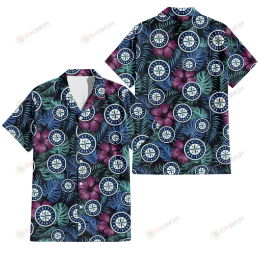 Seattle Mariners Dark Magenta Green Leaf Black Background 3D Hawaiian Shirt