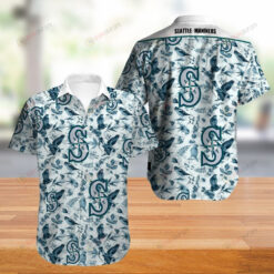 Seattle Mariners Floral & Bird Pattern Curved Hawaiian Shirt In Blue & White