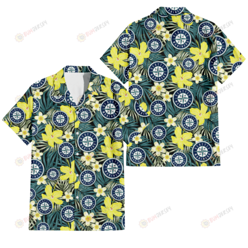 Seattle Mariners Hibiscus Green Palm Leaf Black Background 3D Hawaiian Shirt