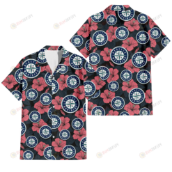 Seattle Mariners Light Coral Hibiscus Gray Leaf Black Background 3D Hawaiian Shirt