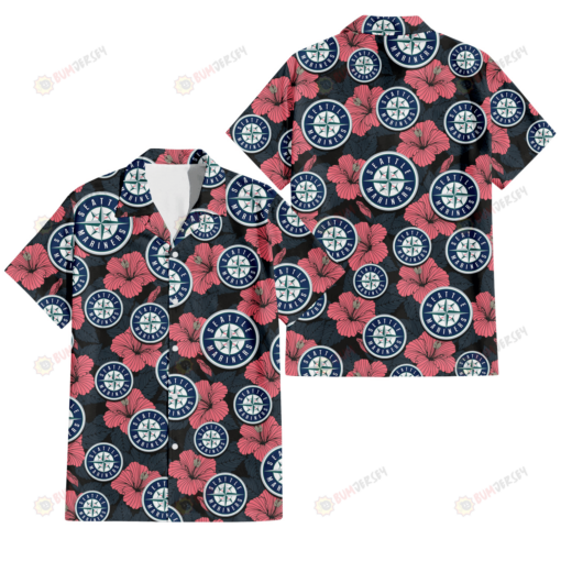 Seattle Mariners Light Coral Hibiscus Gray Leaf Black Background 3D Hawaiian Shirt