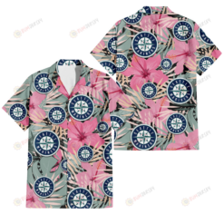 Seattle Mariners Light Pink Hibiscus Pale Green Leaf Black Background 3D Hawaiian Shirt