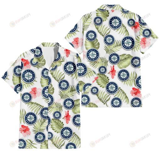 Seattle Mariners Light Salmon Hibiscus Green Leaf White Background 3D Hawaiian Shirt