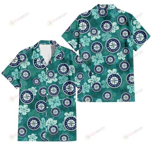 Seattle Mariners Light Sea Green Hibiscus Green Background 3D Hawaiian Shirt