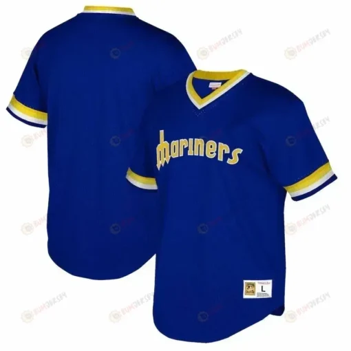 Seattle Mariners Mitchell And Ness Big And Tall Cooperstown Collection Mesh Wordmark V-neck Jersey - Royal