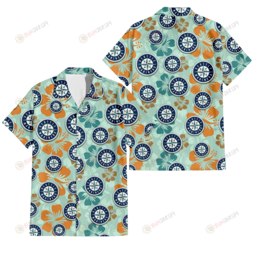 Seattle Mariners Orange Green Hibiscus Pale Green Background 3D Hawaiian Shirt