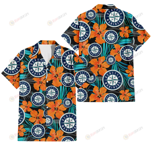 Seattle Mariners Orange Hibiscus Blue Gray Leaf Black Background 3D Hawaiian Shirt