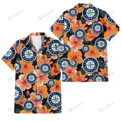 Seattle Mariners Orange Hibiscus Dark Green Leaf Black Background 3D Hawaiian Shirt