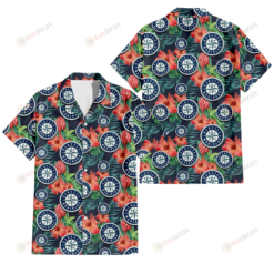 Seattle Mariners Orange Hibiscus Green Tropical Leaf Dark Background 3D Hawaiian Shirt