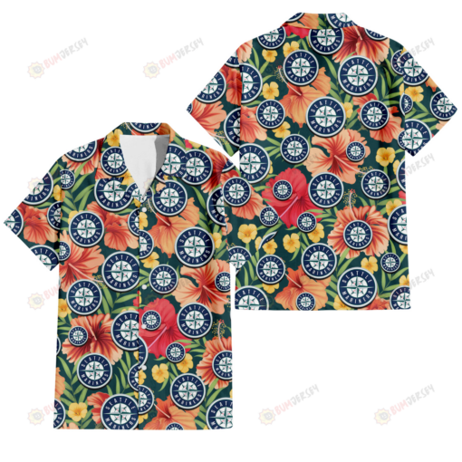 Seattle Mariners Orange Red Hibiscus Green Leaf Dark Background 3D Hawaiian Shirt