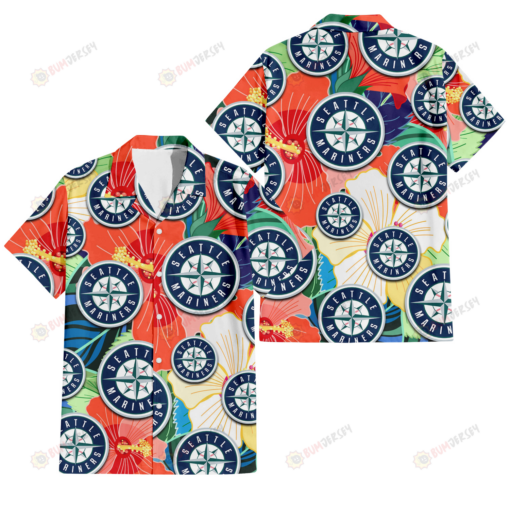 Seattle Mariners Orange White Tropical Hibiscus Green Leaf 3D Hawaiian Shirt