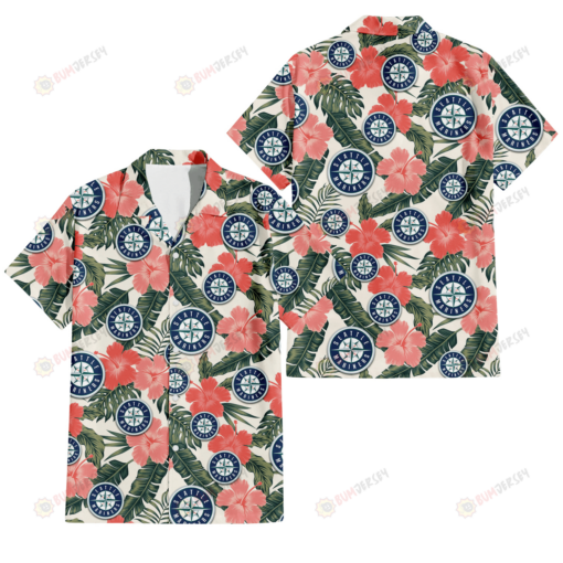 Seattle Mariners Pink Coral Hibiscus Banana Leaf Beige Background 3D Hawaiian Shirt