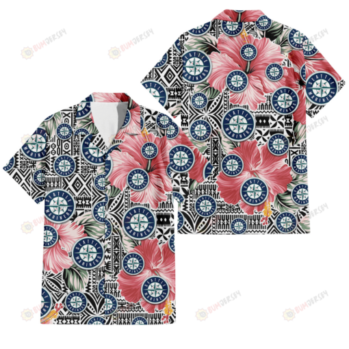 Seattle Mariners Pink Hibiscus Black Pattern White Background 3D Hawaiian Shirt