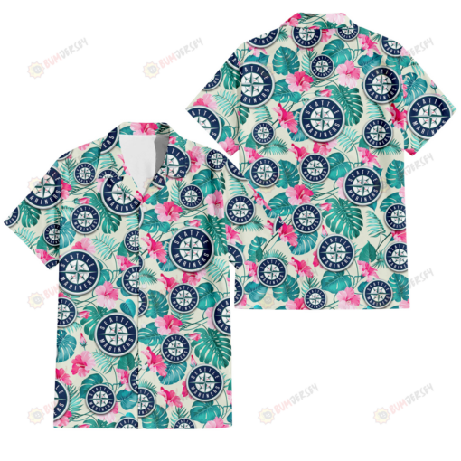 Seattle Mariners Pink Hibiscus Green Leaf Beige Background 3D Hawaiian Shirt