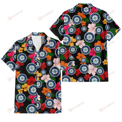 Seattle Mariners Pink Orange Yellow White Hibiscus Black Background 3D Hawaiian Shirt