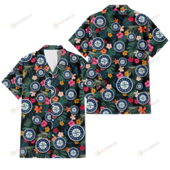 Seattle Mariners Pink Yellow Orange Hibiscus Big Tropical Leaf Black Background 3D Hawaiian Shirt