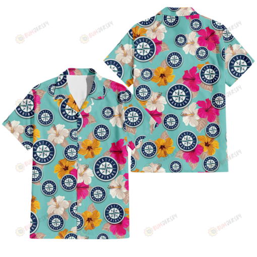 Seattle Mariners Pink Yellow White Hibiscus Turquoise Background 3D Hawaiian Shirt