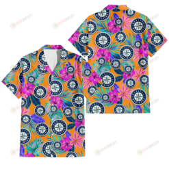 Seattle Mariners Purple Hibiscus Neon Leaf Orange Background 3D Hawaiian Shirt