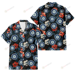 Seattle Mariners Red And White Hibiscus Dark Leaf Black Background 3D Hawaiian Shirt