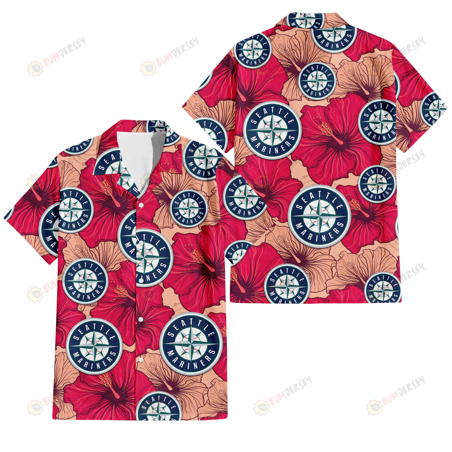 Seattle Mariners Red Beige Hibiscus Beige Background 3D Hawaiian Shirt