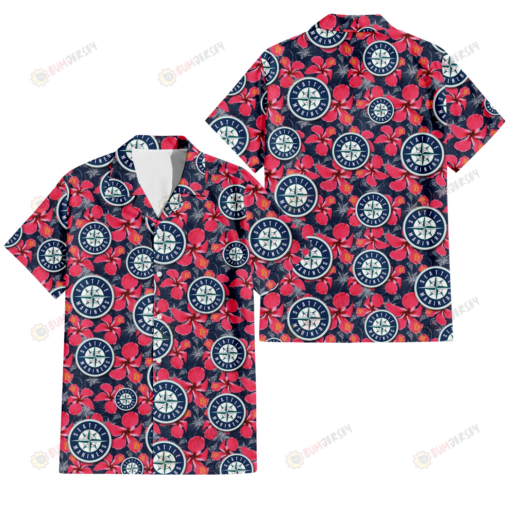 Seattle Mariners Red Hibiscus Dark Gray Background 3D Hawaiian Shirt