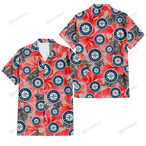 Seattle Mariners Red Hibiscus Gray Leaf Beige Background 3D Hawaiian Shirt