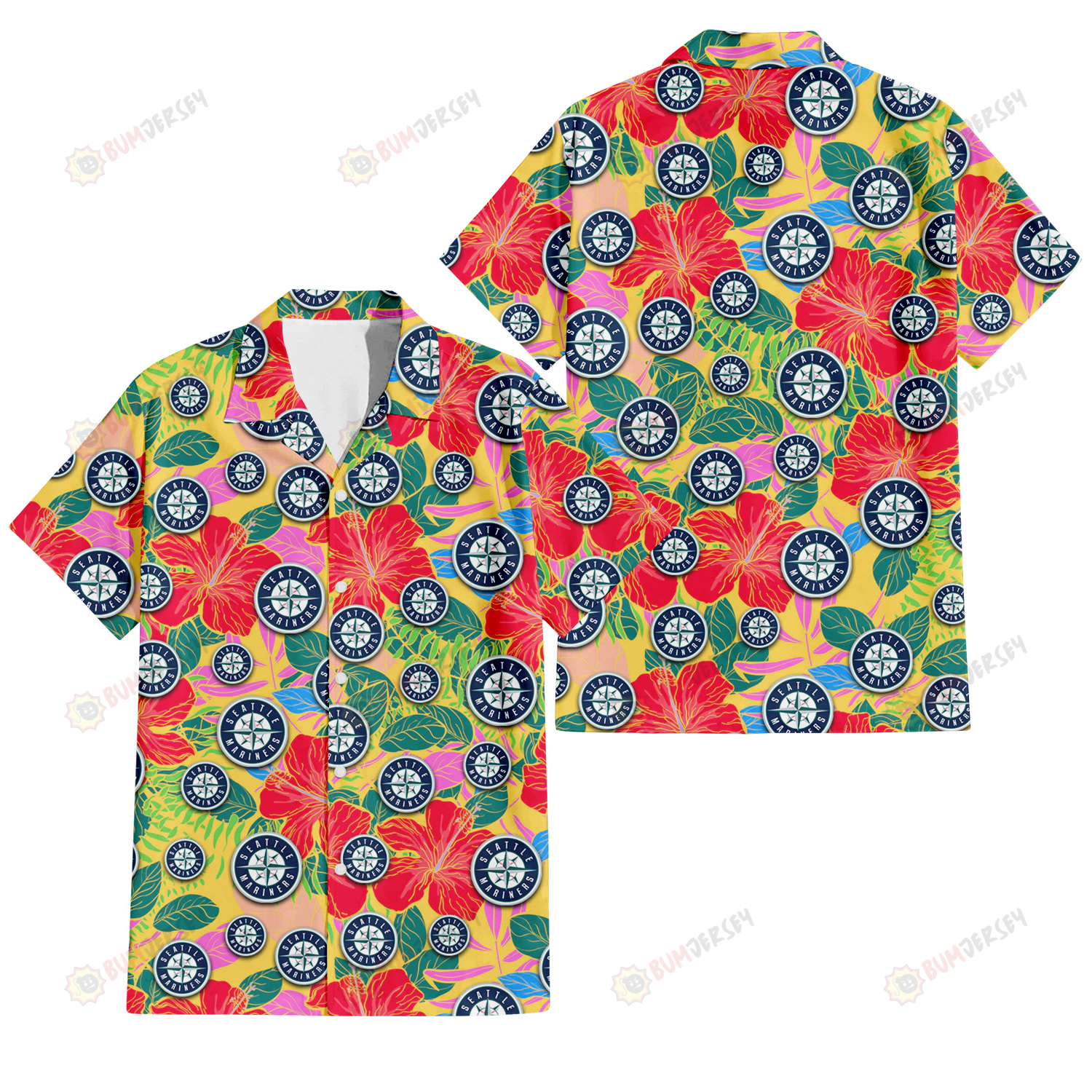 Seattle Mariners Red Hibiscus Green Blue Leaf Yellow Background 3D Hawaiian Shirt