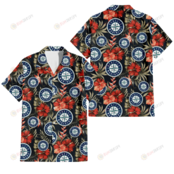 Seattle Mariners Red Hibiscus Green Leaf Dark Background 3D Hawaiian Shirt