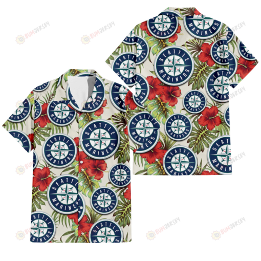 Seattle Mariners Red Hibiscus Green Tropical Leaf Cream Background 3D Hawaiian Shirt