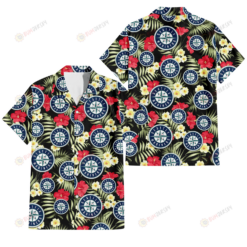 Seattle Mariners Red Hibiscus Yellow Porcelain Flower Black Background 3D Hawaiian Shirt