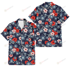 Seattle Mariners Red Pink White Hibiscus Black Background 3D Hawaiian Shirt