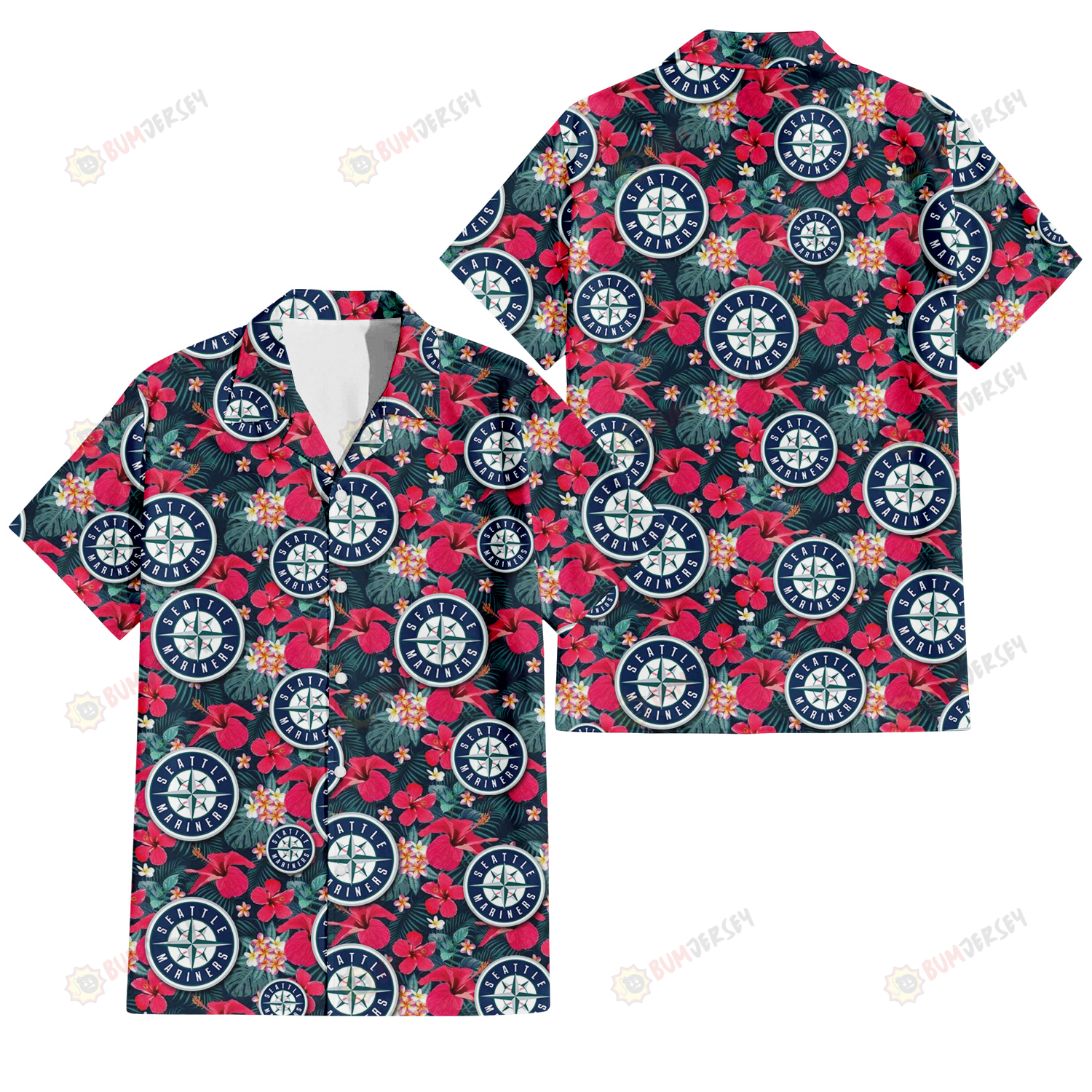 Seattle Mariners Tiny Red Hibiscus White Porcelain Flower Black Background 3D Hawaiian Shirt