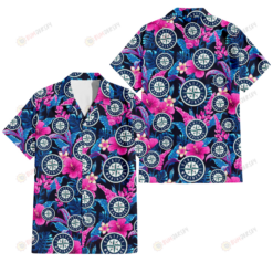 Seattle Mariners Violet Red Hibiscus Blue Leaf Black Background 3D Hawaiian Shirt