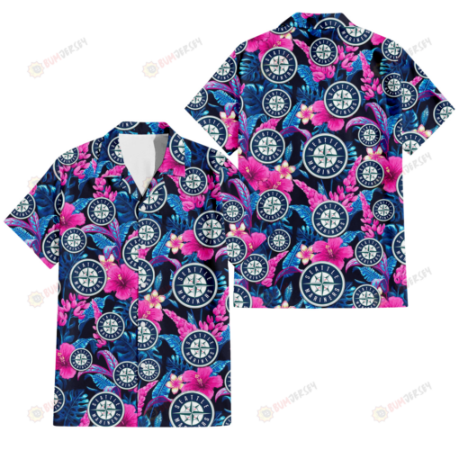 Seattle Mariners Violet Red Hibiscus Blue Leaf Black Background 3D Hawaiian Shirt