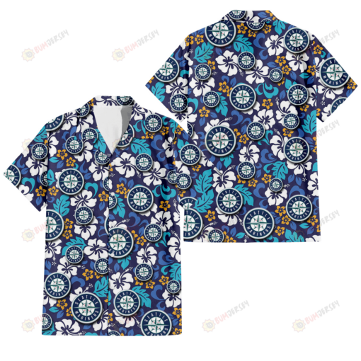 Seattle Mariners White Hibiscus Ceramic Style Navy Background 3D Hawaiian Shirt