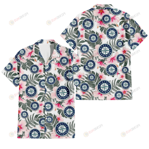 Seattle Mariners White Hibiscus Green Leaf White Background 3D Hawaiian Shirt