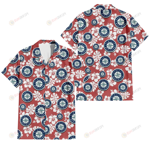 Seattle Mariners White Hibiscus Indian Red Background 3D Hawaiian Shirt