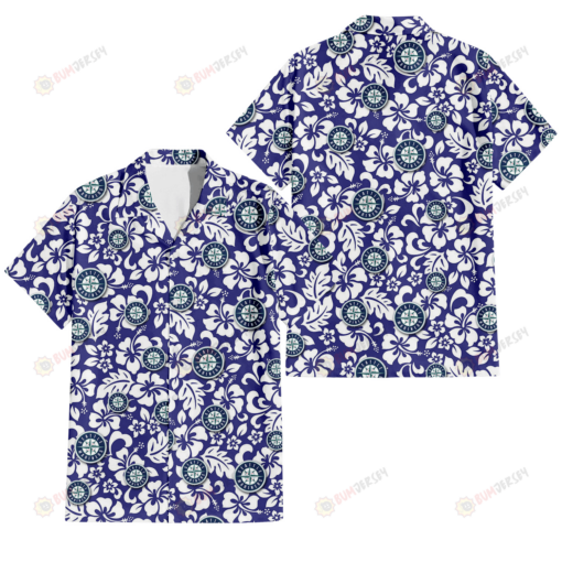 Seattle Mariners White Hibiscus Pattern Slate Blue Background 3D Hawaiian Shirt