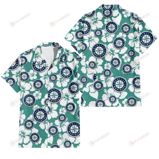 Seattle Mariners White Hibiscus Turquoise Stripe Background 3D Hawaiian Shirt