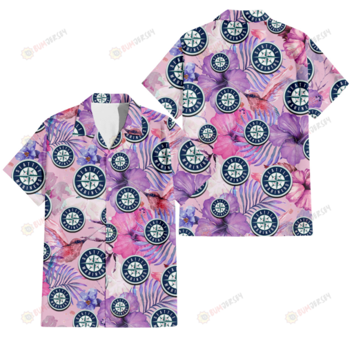 Seattle Mariners White Purple Hibiscus Pink Hummingbird Pink Background 3D Hawaiian Shirt