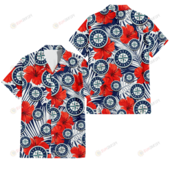 Seattle Mariners White Tropical Leaf Red Hibiscus Navy Background 3D Hawaiian Shirt