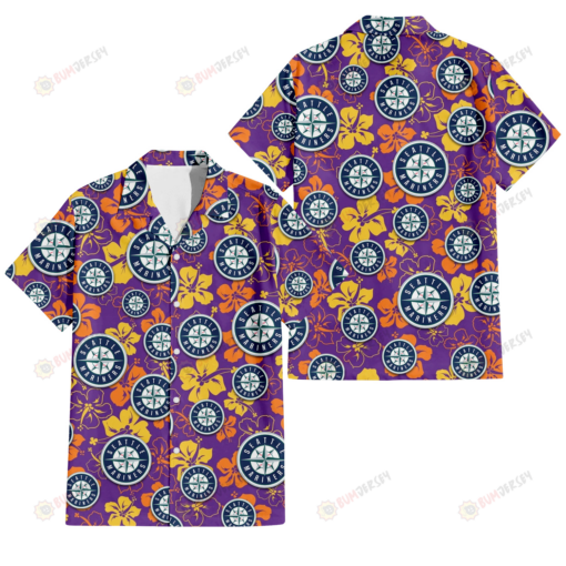 Seattle Mariners Yellow And Orange Hibiscus Purple Background 3D Hawaiian Shirt