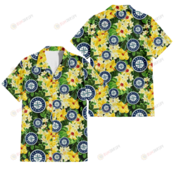 Seattle Mariners Yellow Hibiscus Tropical Green Leaf Black Background 3D Hawaiian Shirt