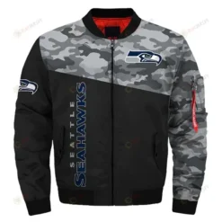 Seattle Seahawks Camo Pattern Bomber Jacket - Black And Gray