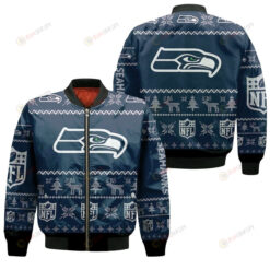 Seattle Seahawks Christmas Pattern Bomber Jacket - Navy Blue